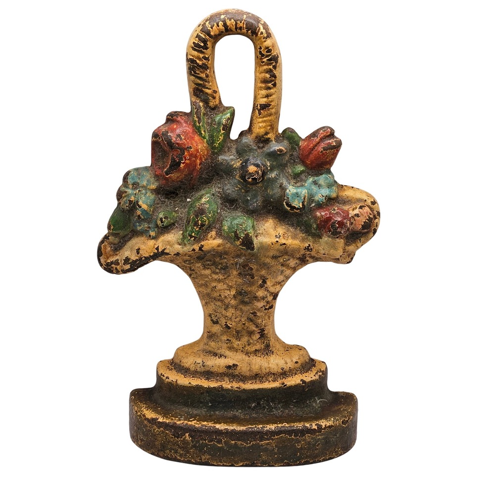 Vintage Flower Basket Doorstop Cast Iron Yellow Red Floral Antique Heavy Decor